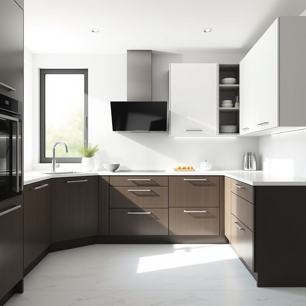 Cuisine moderne aux surfaces lisses faciles à nettoyer, lumière naturelle