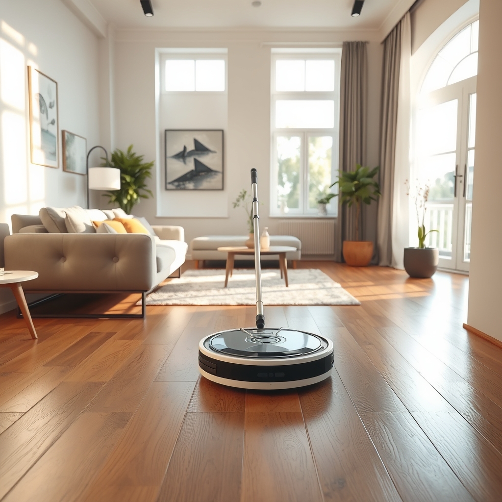 Robot laveur de sol nettoyant un parquet dans un salon lumineux