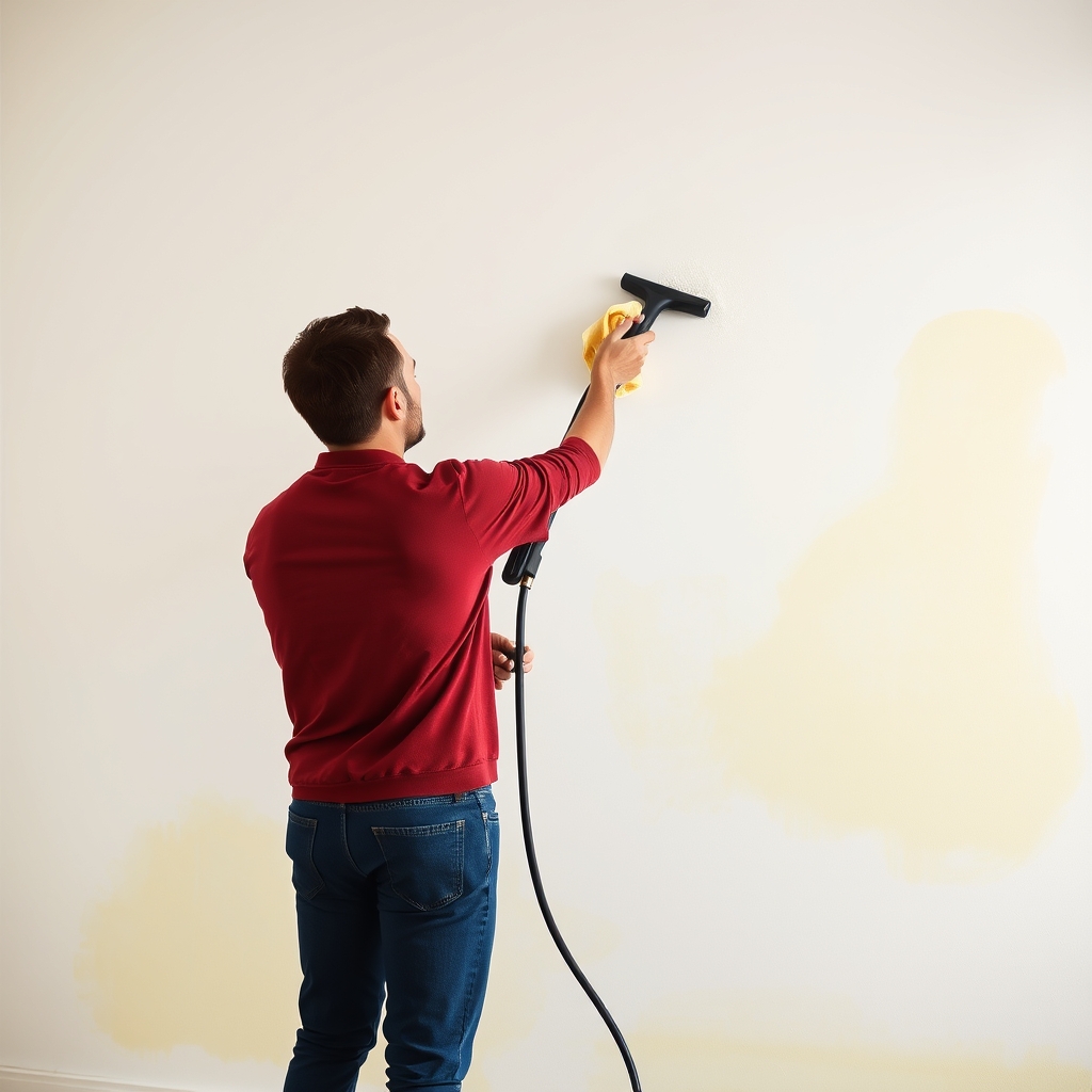Nettoyage d'un mur jauni à la vapeur avec un chiffon microfibre