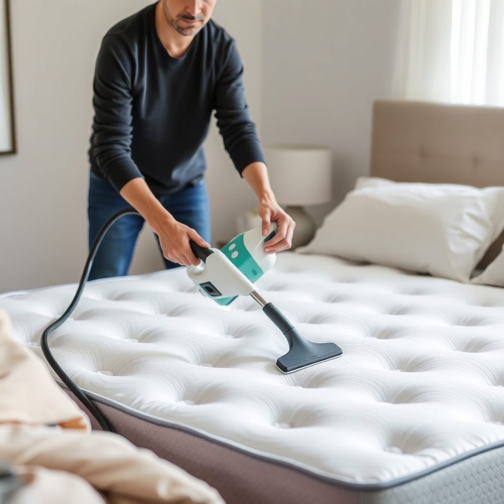 Nettoyage d'un matelas avec un nettoyeur vapeur à main dans une chambre lumineuse