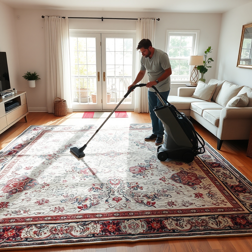 Personne nettoyant un grand tapis à la vapeur dans un salon lumineux