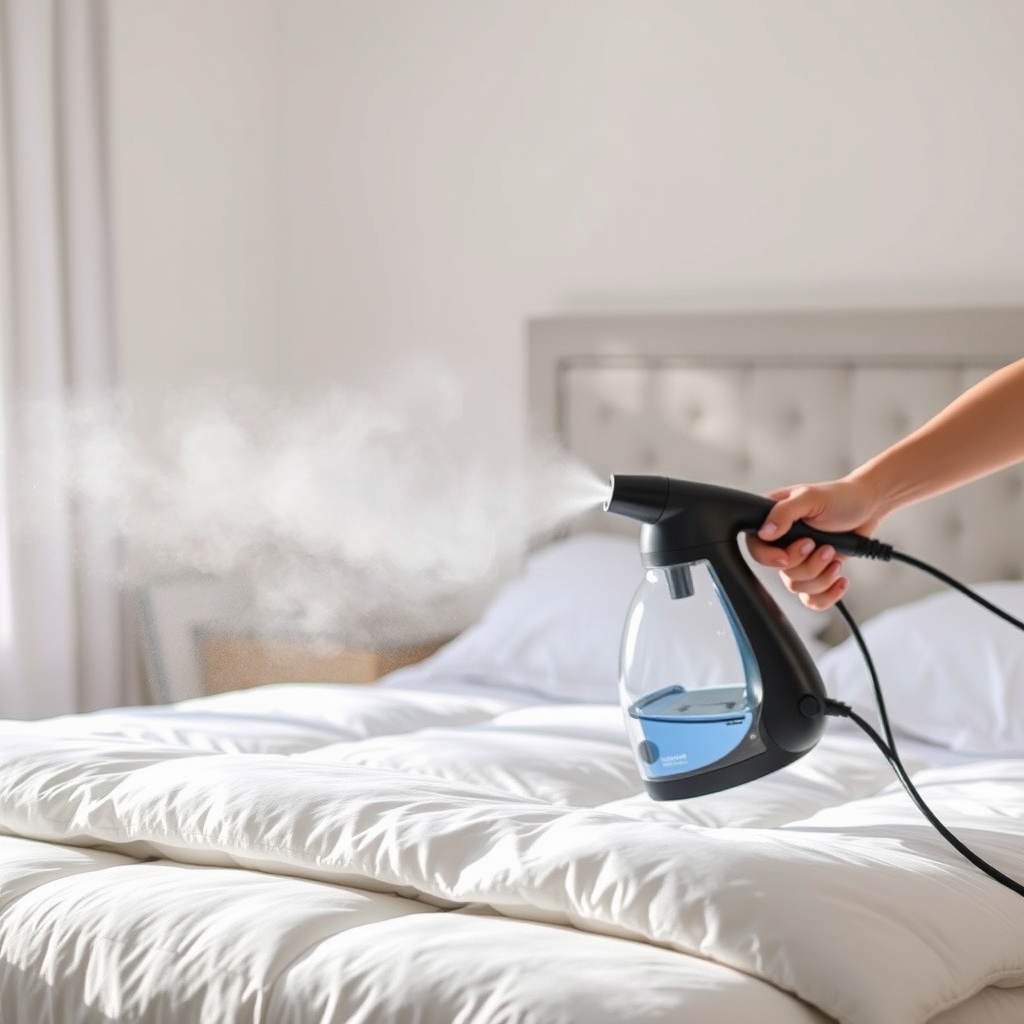 Nettoyeur vapeur à main rafraîchissant une couette blanche sur un lit