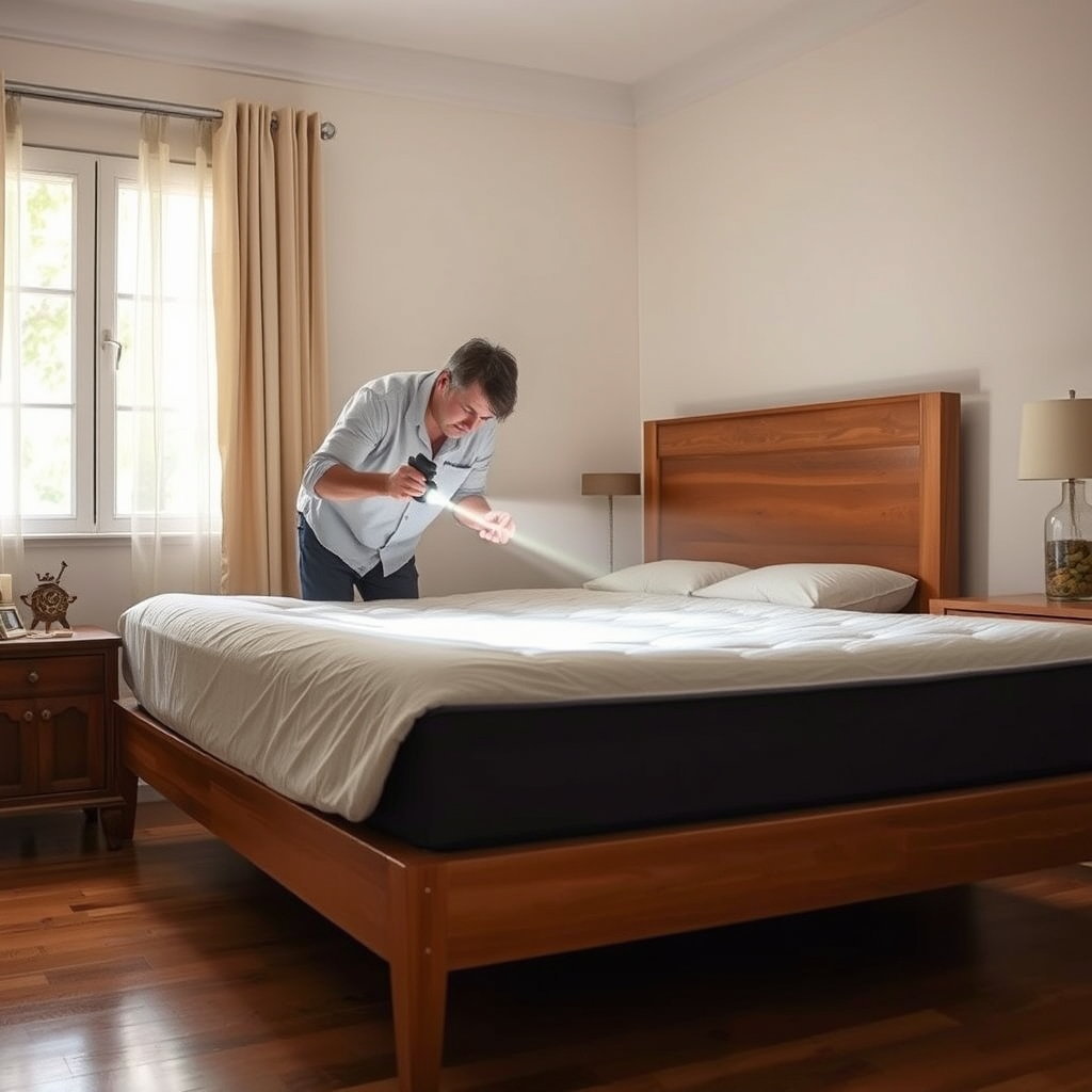Inspection à la lampe d'un cadre de lit et d'un matelas à la recherche de punaises