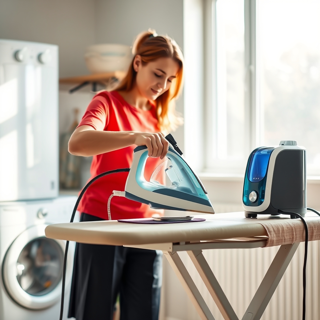 Repassage avec une centrale vapeur professionnelle sur une table à repasser