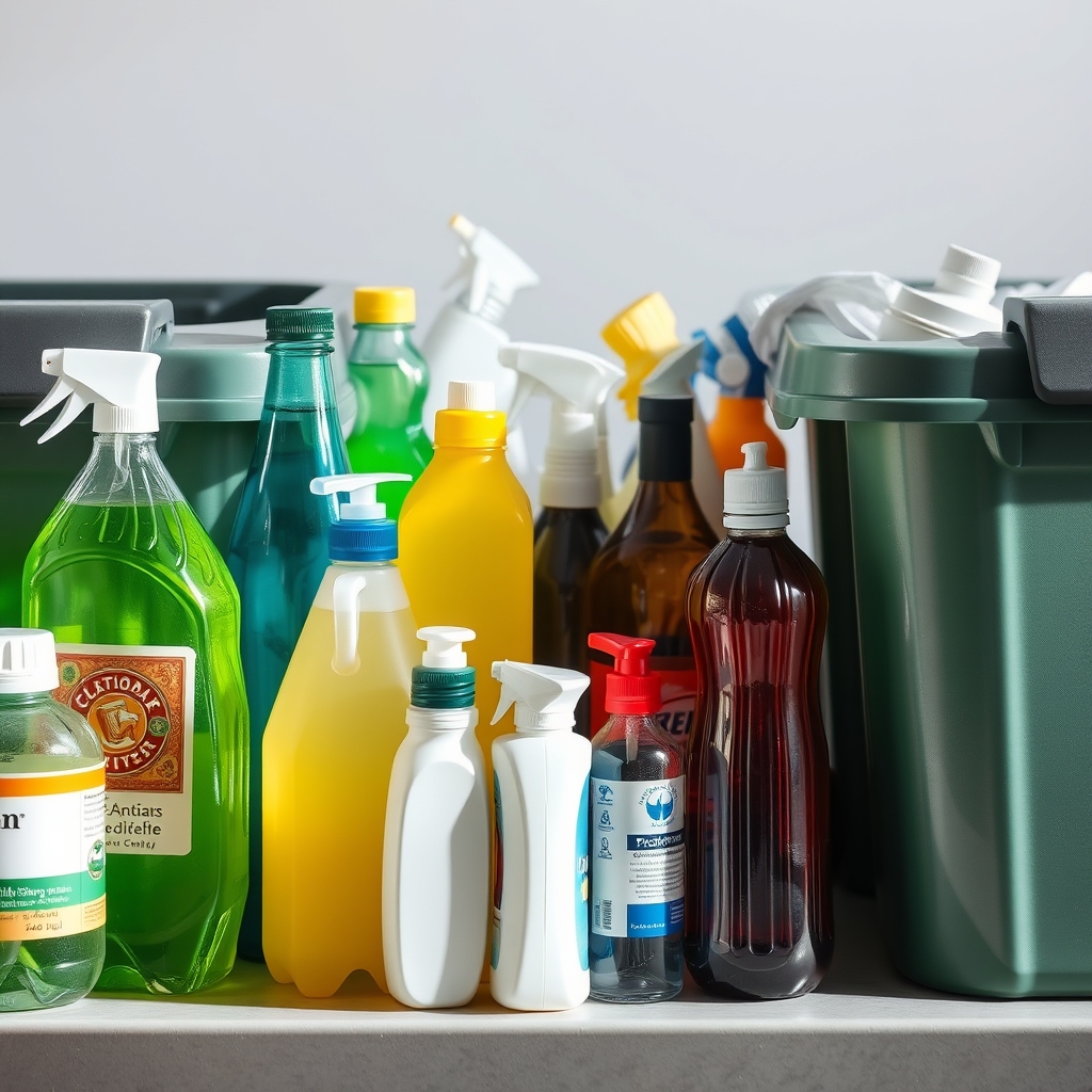 Anciens flacons de produits d'entretien préparés pour le tri et le recyclage
