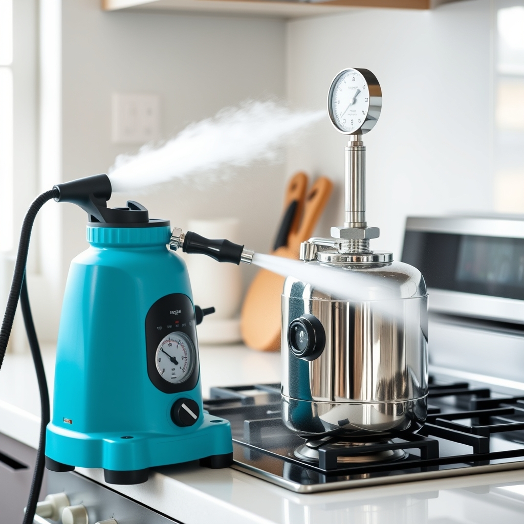Nettoyeur vapeur professionnel à chaudière sous pression nettoyant une plaque de cuisson